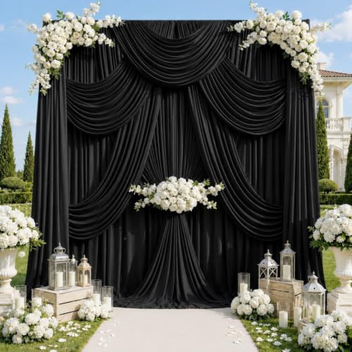 EJNSQA 20x12 ft Black Backdrop Curtains for Wedding, Party and Photo | 4 Panels 5x12 ft, Soft Polyester Drapes, Wrinkle-Free, Washable, Reusable, 4 in Rod Pocket for Birthday and Event Decor