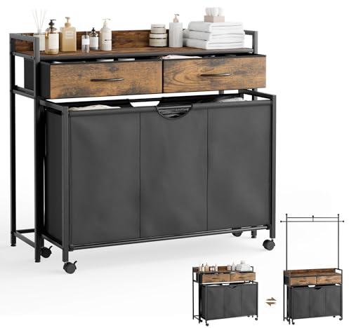 Mondeer 150L Laundry Basket with 3 Compartments, Clothes Rack, 2 Drawers | Shelf, Wheels, Pull-Out Removable Laundry Sorter, Rustic Brown and Black