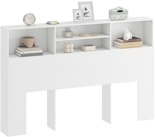 HOMCOM Tête de Lit sur Pied 160 x 20,2 x 108,2 cm, Blanc | Avec Rangements, Accessoire de Lit Moderne, 4 Compartiments Ouverts, pour Chambre à Coucher