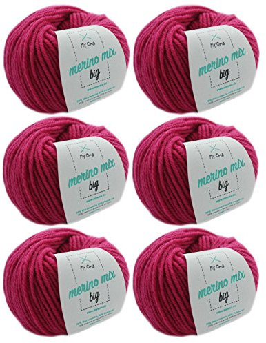 MyOma Merinowolle Magenta (Fb 3374) - 6 Knäuel Pinke Wolle zum Stricken - Dick + Label - 50g/75m - Nadelstärke 6-7mm - Weiches Merino Garn