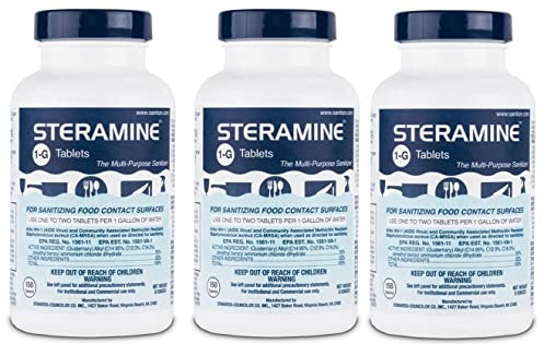 Steramine Quaternary Sanitizing Tablets - 150 Sanitizer Tablets per bottle, 3-Bottles
