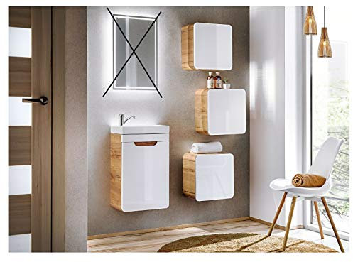 naka24 Gäste WC Badmöbel Set Aruba-Weiss/Eiche 40 cm Badmöbel Set mit Waschbecken (Waschbecken Waschbeckenunterschrank 3xHängeschrank)
