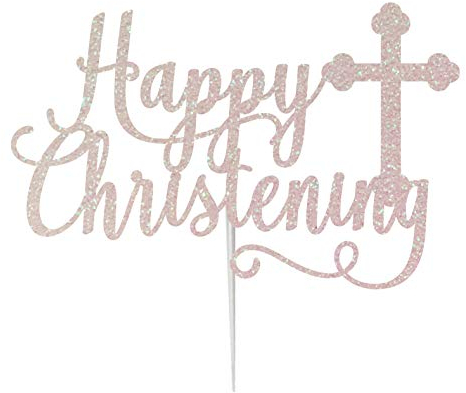 LissieLou Happy Christening with Cross Cake Topper Glitter Card White Made in the UK
