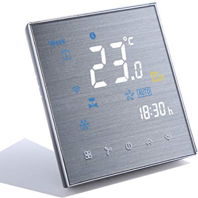 Qiumi Smart WiFi Thermostat, Temperaturregler Intelligente Klimaanlage, mit 2-Röhren-LCD-Bildschirm, Funktioniert mit Alexa Googlehome,Innovation Gebürstete Platte(Einstellbare Helligkeit)