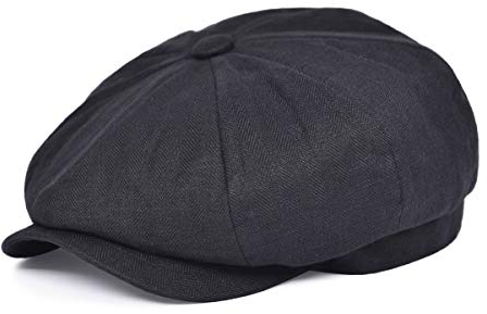 BOTVELA Herren Leinen Newsboy Cap Fischgrätenmütze Atmungsaktiv Sommerhut, Fischgrätenmuster, Schwarz, 7 / 7 1/8