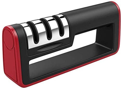 XINGYU Kitchen Knife Sharpener,The Best Professional Premium Manual Knife Sharpener Kitchen Accessory | 3 Stage, Non-Slip Base, Stainless-Steel | Straight Steel Knives-Red