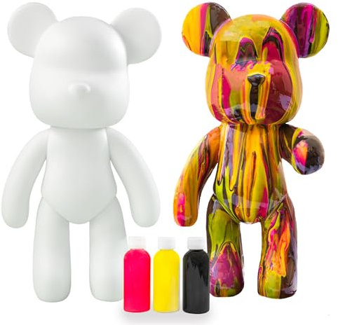 Manualidad oso fluido para pintar: kit figura con 3 pinturas de colores aleatorios para personalizar. Actividad DIY artística y decoración niños y adultos, pinta y colorea tu osito de forma creativa