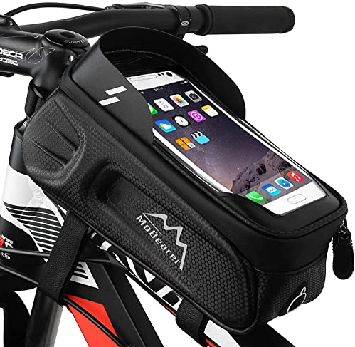MoBearer Bike Frame Bag Waterproof with Phone Holder Bike Accessories with Touch Screen Sun Visor and Large Storage for Cycling Mountain Bicycle Handlebar Bag Suitable for Smartphone Under 6.8 Inch