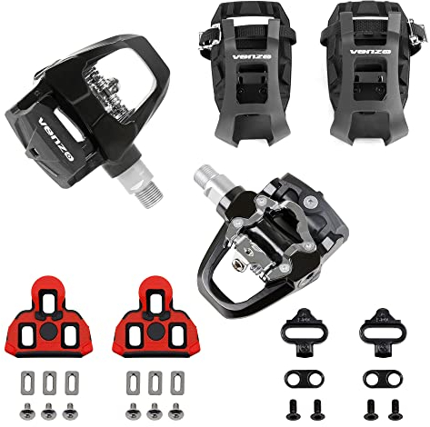 VENZO 3-in-1 kompatibel mit SPD-SL & SPD Pedalen, Zehenkäfigen und Stollen Set – Indoor Fitness Heimtrainer Fahrradpedale, verstellbare Pedaladapter für SPD-SL & Stollen mit 9/16 Zoll