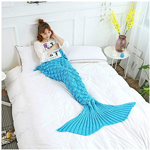 YOUCAI Meerjungfrau Schwanz Decke für Erwachsene Kinder Warme Flauschige Weiche Handarbeit Strickmuster Fischschwanz Decken, All-Saison-Schlafdecke, Blau 2 140x70cm