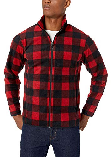 Amazon Essentials Giacca in Pile con Cerniera Intera (Disponibile in Taglie Big And Tall) Uomo, Nero Rosso Buffalo Plaid, S