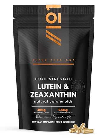 Lutein & Zeaxanthin – 40 mg Lutein + 2,85 mg Zeaxanthin – Natürliche Carotinoide aus Ringelblumenextrakt – 90 Vegane Kapseln – Wiederverschließbarer und recycelbarer Beutel von Alpha01