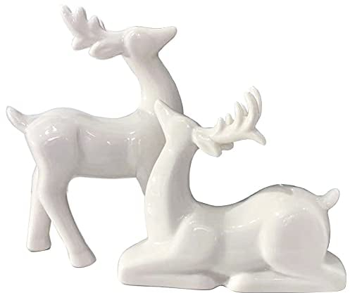 KiaoTime Porzellan-Weihnachts-Rentier Figuren, 2 Stück Mini-Tier-Rentier Dekor Hirsch Statuen Skulptur Tischornamente für Schrank Kaminregale Kamin Wohnkultur Akzente Sammelfiguren