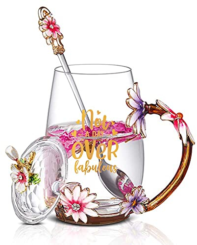 Luka Tech Birthday Gifts for Women, Not A Day Over Fabulous Enamel Flower Glass Mug with Spoon,Birthday Gifts for Her,Friends,Mum, Female