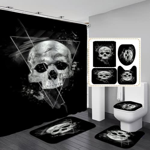 Sjj-RE Skull Totenkopf Duschvorhang Skelett wasserdichter Stoff, Badezimmer-Dekor-Set mit Haken,4pcs Toilettendeckelabdeckung Badematte (A02,150 x 180 cm)