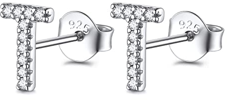 FOCALOOK Funkelnde Ohr Piercing Damen Silber 925 Buchstabe Ohrstecker Letter T Zirkonia Initiale Stud Ohrringe Ohrschmuck Accessoire für Frauen Mädchen