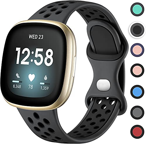 Upeak Sportarmband Kompatibel mit Fitbit Versa 3 Armband/Versa 4 Armband/Fitbit Sense Armband/Sense 2 Armband, Atmungsaktiv Silikon Doppelloch Schnappschnalle Ersatzband, Klein, Holzkohle/Schwarz