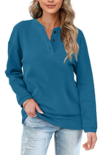 Aokosor Womens Sweatshirts Ladies Jumpers for Women UK Long Sleeve Tops Ladies Loose Sweatshirts with Buttons Plain Size 18-20 Peacock