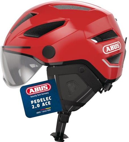 ABUS Stadthelm Pedelec 2.0 ACE - Fahrradhelm mit Rücklicht, Visier, Regenhaube, Ohrenschutz - für Damen und Herren - Rot, Größe M​