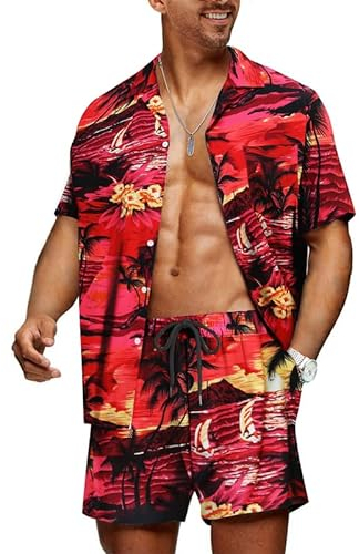 Meilicloth Hawaii Hemd Männer Hawaiihemd Herren Set Flamingo Rot - Strand XL