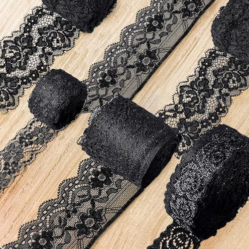4 Rollen Spitzenbänder Schwarz Spitzenstoff Schwarze Spitzenband schwarz Blumen Spitzenband Strecken Blumen Muster Spitzenband Vintage Spitzen für Geschenkverpackung Valentinstag Basteln Hochzeit