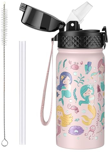 OLDLEY 420ml/14oz Bambini Borraccia Isolata in Acciaio Inossidabile con Cannuccia Riutilizzabile Sottovuoto in Metallo Mantiene Le Bevande Calde Fredde per Scuola, Ragazzi Ragazze (Sirena Rosa)