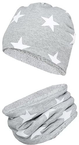 TupTam Mädchen Kinder Beanie Mütze Schlauchschal 2er Set Herbst Winter gefütterte Übergangsmütze mit Loop, Farbe: Wintermütze Teddyfleece - Weiße Sterne Grau Meliert, Hat Size: 48