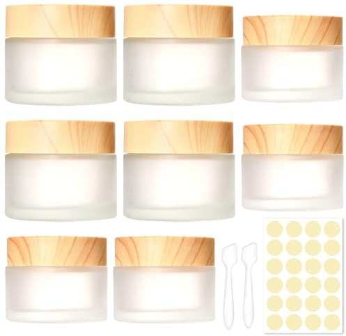 PIWOSGOL 8 Pcs Pots Cosmétique Vide en Verre, 30ML 50ML Contenant Échantillon Voyage, Conteneurs Cosmétiques Pot Échantillon avec Spatule & Autocollants, Pot de Voyage pour Lotion Crème Maquillage