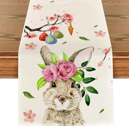 Tarklanda Hase Ostern Tischläufer Osterei und Blumen Waschbar Frühling Küche Esstisch Dekoration Ostern Tischdeko für Drinnen und Draußen Urlaub Party Wohnzimmer Dekor 40 x 180 cm
