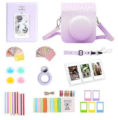11 in 1 Instant Camera Accessories Kit for Fujifilm Instax Mini 12 With Camera Case+Photo Album & Frames+Wall Hanging Frame+Colored Filter+Selfie Lens+ Triple Tabletop Frame (Gradient Weave Purple)