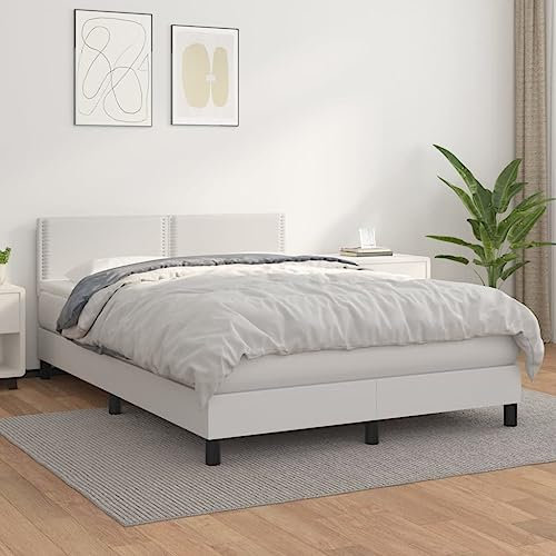 Willood Boxspringbett mit Matratze Weiß 140x200 cm Kunstleder Kunstlederbett Polsterbett Bettgestell Bett Hotelbett Schlafzimmerbett Bettrahmen LattenrostFlach mit Nägeln