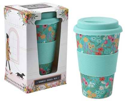 CGB Giftware | The Flower Market Teal Floral Bamboo Travel Mug | with Silicone Grip Along with Slicone Lid | in Gift Box | Travel Accessory | On The Go | GB07131