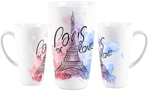 Purely Home Tall Latte Paris Mug - City of Love Pink Eiffel Tower Present/Gift - Ceramic Tea/Coffee Cup