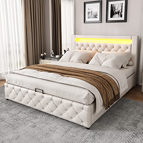 KecDuey Hydraulische Bett 160x200cm Polsterbett mit Lattenrost und Stauraum Doppelbett inkl. LED-Beleuchtungsleiste Bettgestell, Stauraumbett Funktionsbett Bezug aus Kunstleder Weiß
