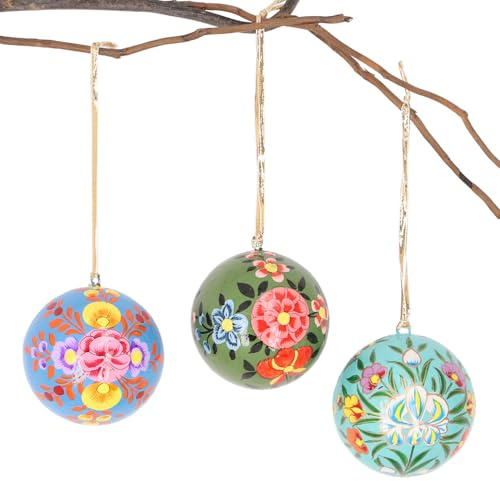 Upcycling Weihnachtskugel 3er Set aus Pappmachee, handbemalt, Muster 8 | Kaschmirkugeln, 7 cm Durchmesser, einzigartiger Christbaumschmuck, umweltfreundlich, in recycelter Box