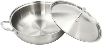 wanwanper 304 Stainless Steel Wok with Lid, Wok & Stir-Fry Pan Kitchen Pan for Induction, Gas, Electric & Halogen Stoves, Silver, 26cm