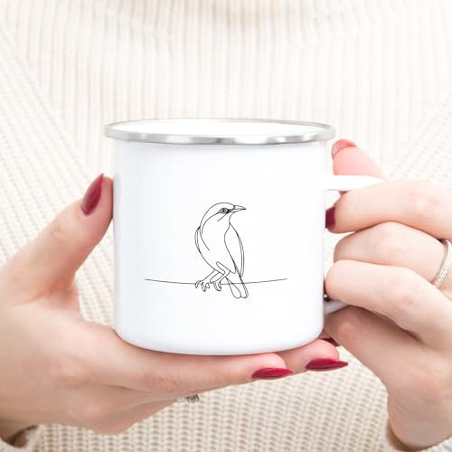 Campingtasse Bali Myna Bird Sturnidae Line Art Aves Art Ornithologe Kaffeetasse Emaille Tasse 300 ml (000094)