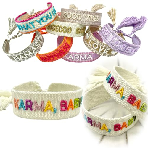 LS-LebenStil Exklusives Statement Armband Quasten besticktes Boho Canvas Webarmband (Karma Baby Multi Bunt)
