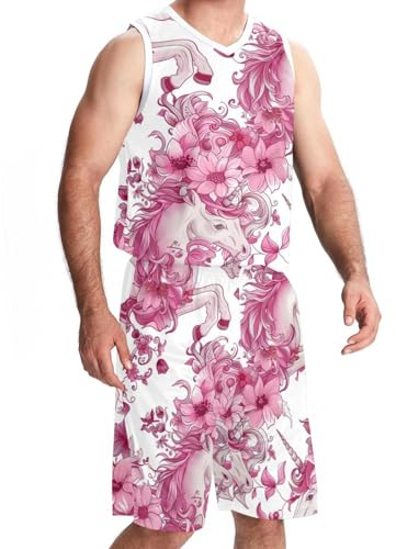Basketballtrikot, personalisiertes Trikot, Herren-Basketballtrikot, Blumenmuster, rosa Tier-Einhorn, Muster 158, Klein