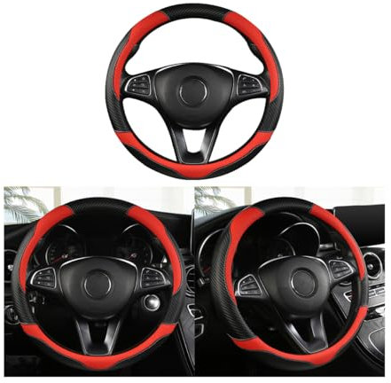 Adunsiaoto Cubre Volante Universal Antideslizante, Antideslizante De Fibra De Carbono Transpirable Cubierta del Volante, Cubierta De La Rueda Dirección del Coche para a Cuatro Estaciones(Negro/Rojo)