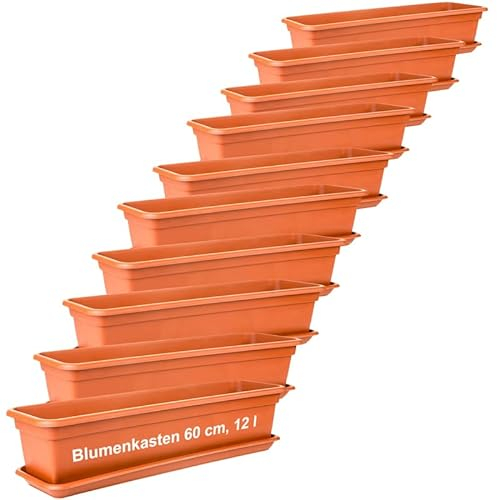 LIVINJA Terrakotta Blumenkasten 60cm mit Untersetzer â€“ 10er-Set, Hochwertiger Kunststoff, Terracotta, Made in EU