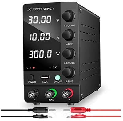 Fuente de alimentación de CC Ajustable 30V 10A Fuente de alimentación de Laboratorio Estabilizador de regulador de Voltaje de 4 dígitos Ajustable USB(30V 10A 300W Black)