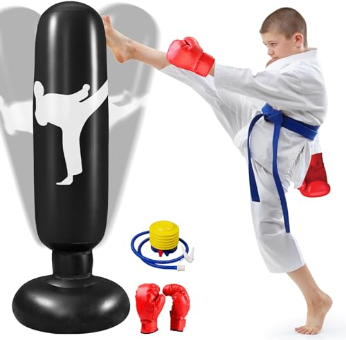 Qoosea Boxsack für Kinder, 160cm Stehender Boxsack, Aufblasbarer Trainingsboxsack mit integrierter Luftpumpe und Boxhandschuhe für Karate, Kickboxen, Jungen und Mädchen