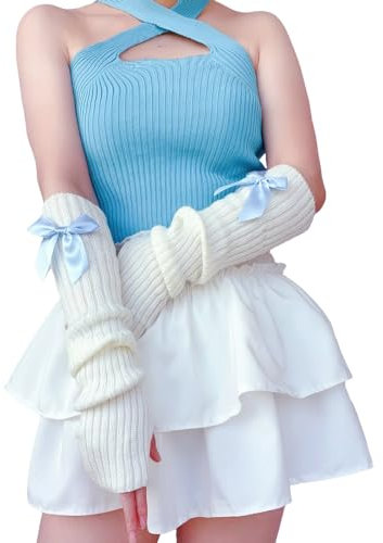 Brexiamin Women Y2k Arm Warmers Covers Kawaii Harajuku Fingerless Gloves Lolita Knitted Arm Sleeve with Thumb Hole, Blue, One Size
