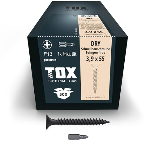 TOX Viti per cartongesso DRY FG 3,9 x 55 mm, viti fosfatate nere con testa a tromba + filettatura fine, cartongesso su sottostruttura metallica, PH2, 500 pezzi, incl. 1x punta, 142453213955
