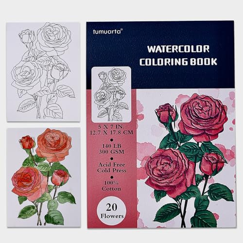 Aquarell-Malbuch, 20 einzigartige Blumenmuster, 12.7x17.8 CM, 100% Baumwolle, 300 GSM, 20 Blatt, Kaltpressung, säurefreies Aquarellpapier, leimgebunden. (Blumen)