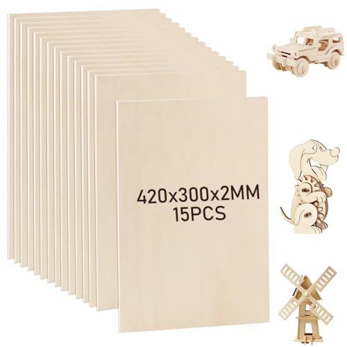 JMIATRY 15 placas de madera contrachapada de 2 mm, madera de tilo 420 x 300 x 2 mm, placas de madera para manualidades, placa de madera para bricolaje, modelo, pintura, grabado