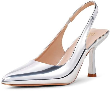 GENSHUO Women's Kitten Slingback Heels 3 inch Pointed Closed Toe Stiletto Pumps Slip on Elastic Strap Backless Wedding Party Dress Sandals Shoes, Silver Patent, 6 UK