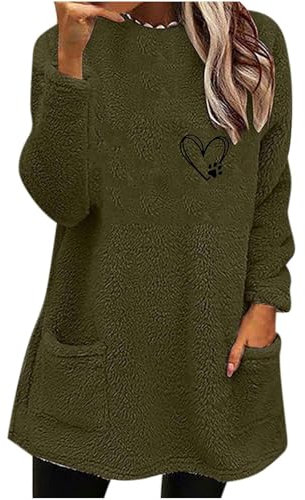 Keepink Damen-Pullover, Teddy-Fleece, niedlich, bedruckt, flauschig, langärmelig, lässig, flauschig, für Herbst und Winter, warm, gemütliches Oberteil mit Taschen, Größe 36-46, 4 x Armeegrün, 14