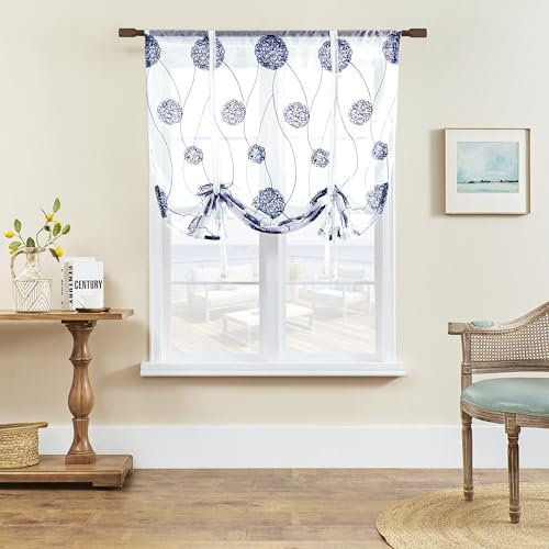 SIMPVALE 1 tenda a pacchetto ricamata in voile traslucido, con tasca per bastone, per soggiorno, camera da letto, balcone, cucina, bagno, blu scuro, 80 x 120 cm